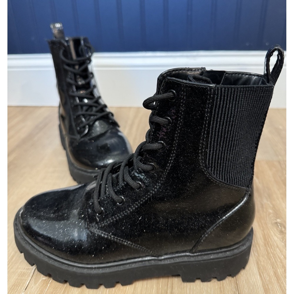 Art Class Girls Black Sparkle Glitter Combat Boots Lace Up Zipper Size 3